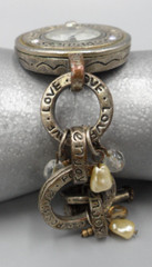 Chico’s Charm Bracelet Watch 2 Tone Faux Pearl Inspiration Love Happiness Toggle