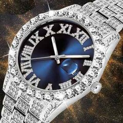 Hip Hop Iced Bling Silver Finish Rapper Blue Dial Metal Simulated Diamond Watch