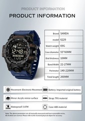 SANDA Men Outdoor Sports Watch Waterproof LED Analog Digital Show Multifunction
