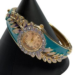 Teal Enamel Leaf Bangle Watch Gold Tone Crystal Accents Quartz Hinged Bracelet