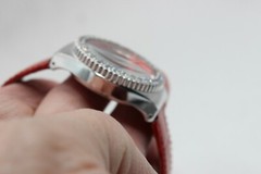 Women’s DMQ Chronograph Watch Red Leather Crystal Accents ~ Good Condition