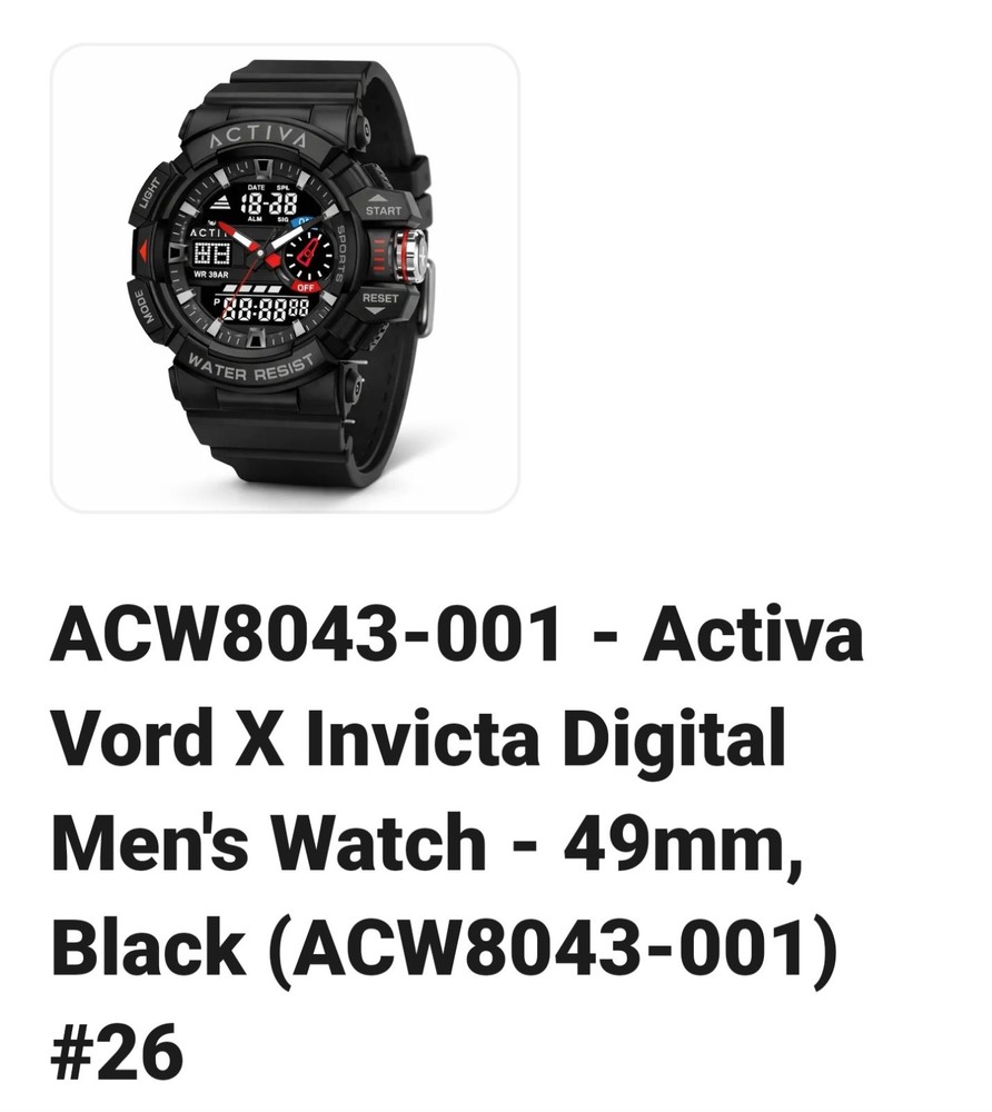 Activa Vord X Invicta “Special Ops” Black & Red Digital Watch 49mm ACW8043-001