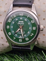 Beautiful Mens HMT Pilot Parashock Mechanical Wind 17J Watch Green Dial
