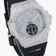 VVS Iced Out 43mm Watch Silver Silicone Black Bustdown Diamond Hip Hop Bling