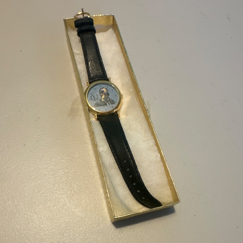 OJ Theme Celebrity Analog Wristwatch Gold Case Black Leather Band Blue Dial Box