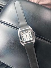 Cartier Santos Automatic Square Silver Tone Case White Roman Dial Black Rubber
