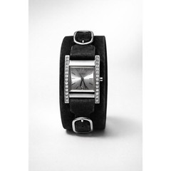 GUESS Black Leather Wrap Watch G66222L Suede Strap Crystal Square Face