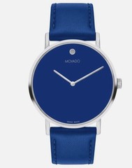 MOVADO SIGNATURE SILVER BLUE dial and LEATHER STRAP STAINLESS CASE MENS Watch