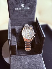 Reef tiger all stainless steel, chronograph. Scratch resistant crystal.