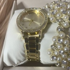 Gold Watch with Silver Pearl and Diamond Bracelets