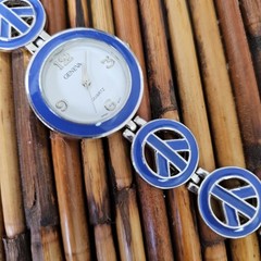PEACE SIGN Geneva Platinum Watch Silver Blue Round Fold Over Clasp