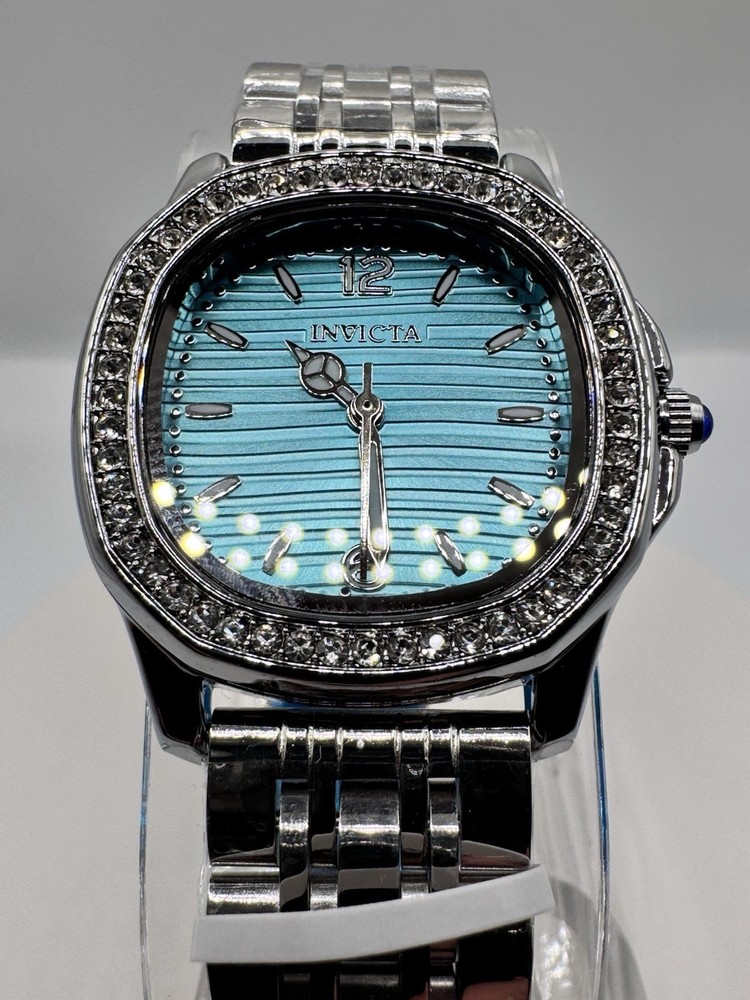 Invicta Women’s Cushion Dress Watch – Silver, Blue Textured Dial, Diamond Bezel