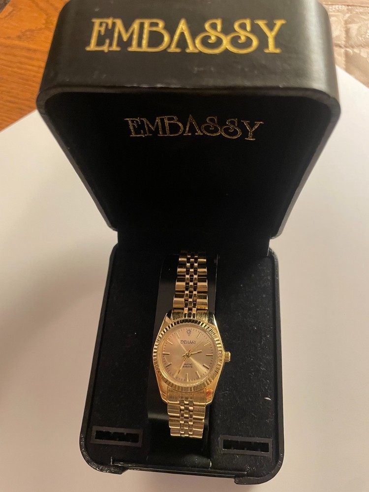 Embassy Gold-Tone Diamond Accent Quartz Watch w/ Deployment Buckle Close New/Box