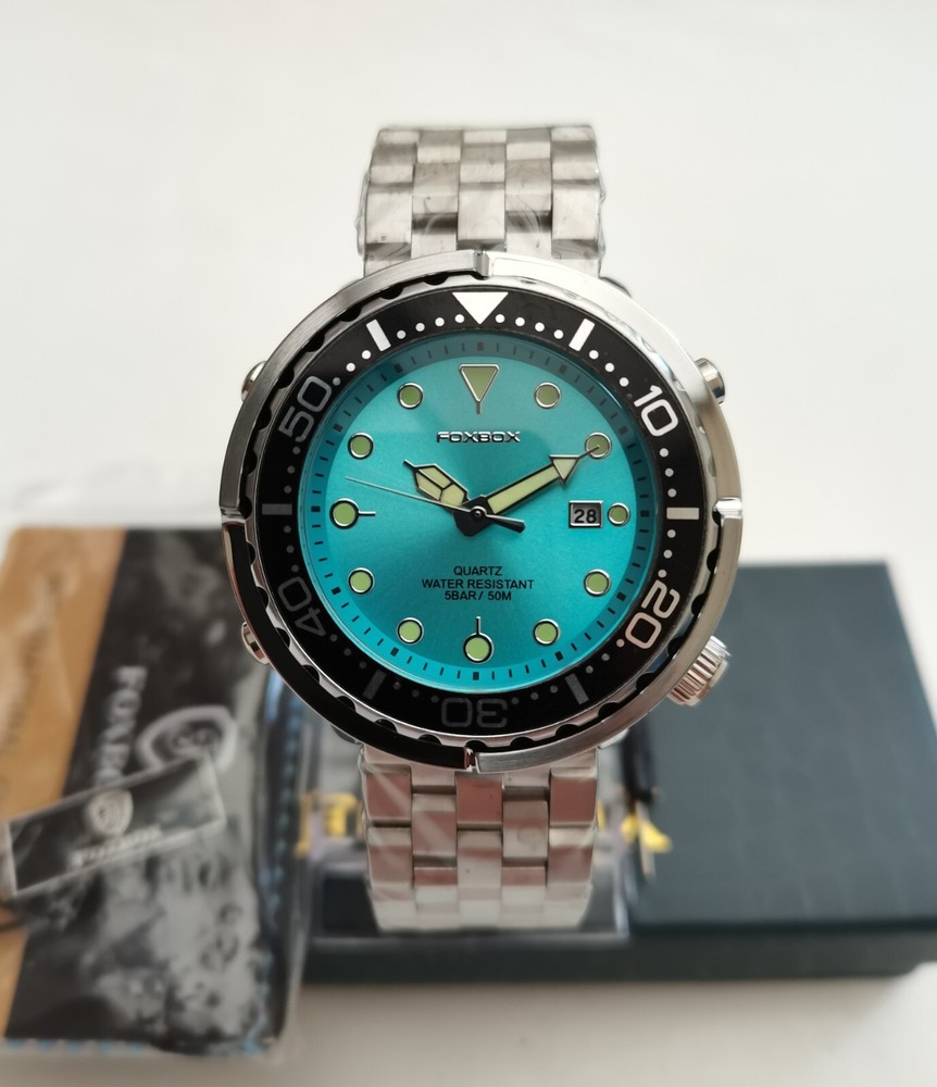 BNIB LIGE-FOXBOX FB0024 TUNA CAN SPORTS WATCH 47mm STEEL SKY BLUE/BLACK LUME 50m