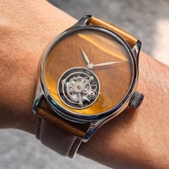Merkur Men Tourbillon Watch 42mm Mechanical Wristwatch Sapphie Yellow Stone Dial