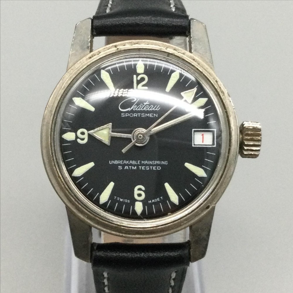 Vintage Chateau Sportsman Mens Watch 30mm Black Dial Manual Date Swiss Leather