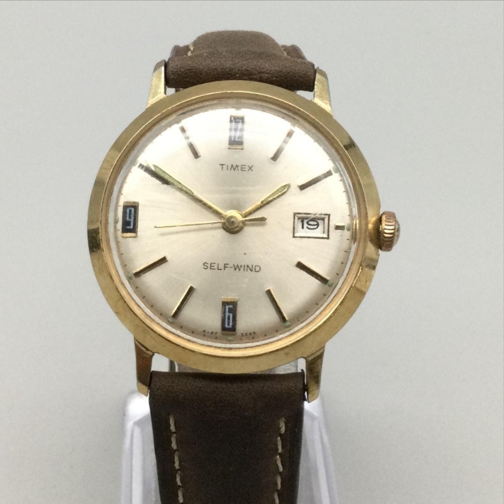 Vintage Timex Viscount Self-Wind Men Watch 34mm Gold Tone Leather Date Automatic