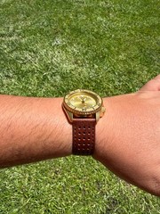 Seiko SRPE74 Seiko 5 Sports Men’s Gold-Tone 42.5mm Original Gold + Leather Strap