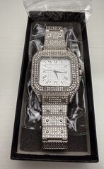 Iced Out Caquo Men’s Luxury Mosaic Diamond Pattern Silver Stainless Steel Watch
