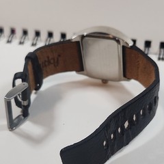 Lucky by Dingbats Rectangle Stainless Case Black Leather Strap Quartz Watch