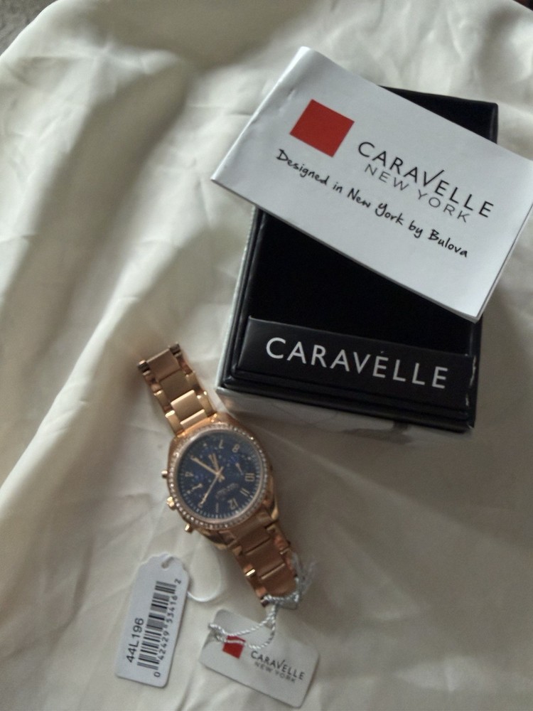 Caravelle New York Women’s Quartz Watch Rose Gold SS Bracelet Blue Dial 44mm