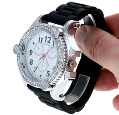 Heavy Men’s Iced Luxury Bezel Hip Hop Silver Tone Bezel Black Silicone Band 54mm