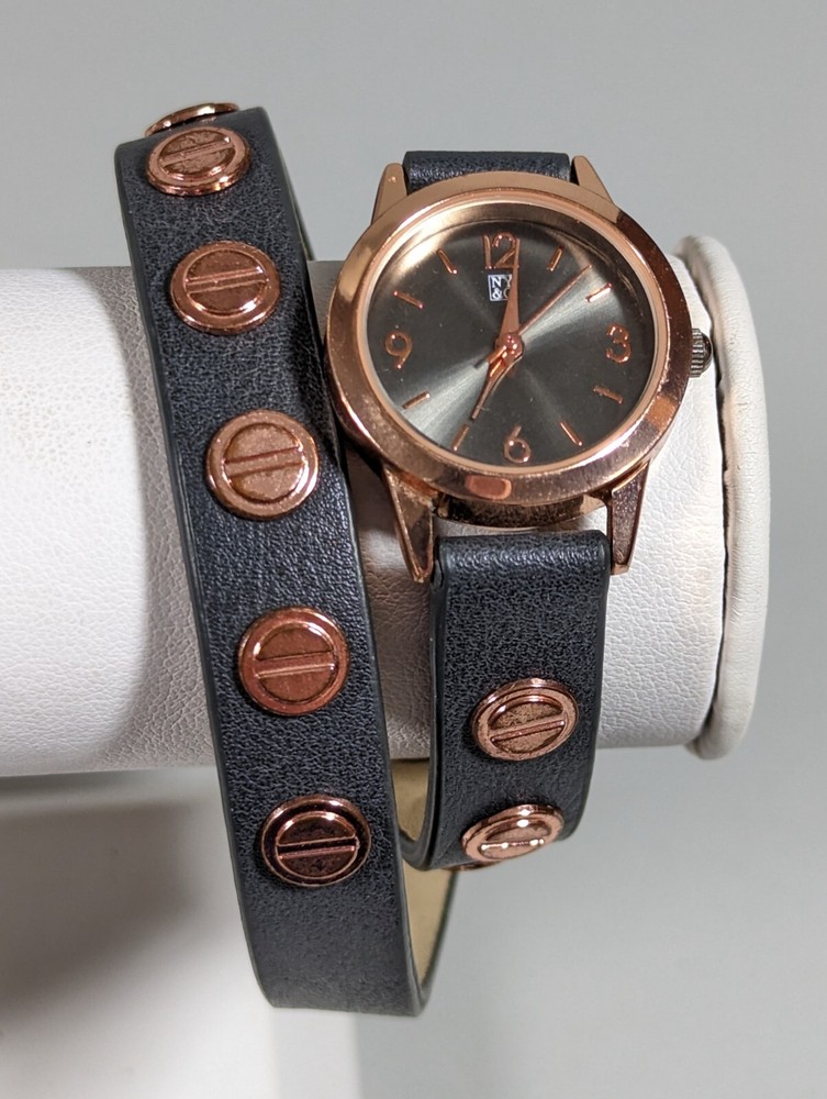 NYC Round Gold Tone Case Studded Gray Faux Leather Wrap Bracelet Band Watch 16″