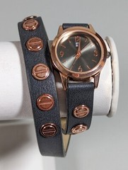 NYC Round Gold Tone Case Studded Gray Faux Leather Wrap Bracelet Band Watch 16″