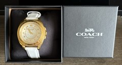 COACH 14503150 Boyfriend, White DeBeer’s Leather band, Gold face, Women’s Watch