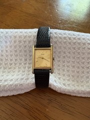Vintage Iconic Seiko Women’s Tank Watch 18mm Gold Tone Black Leather Band