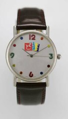 FAO Schwarz Fossil Watch Mens White Stainless Steel Silver Leather Maroon Quartz