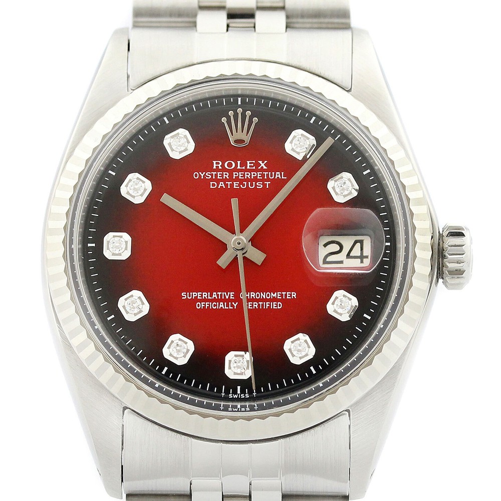 Rolex Mens Datejust 18K White Gold Steel Red Vignette Diamond Dial Watch