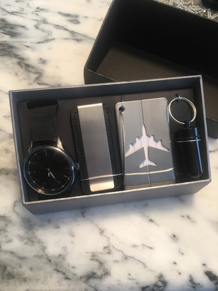 Fashion Men’s Watch Set•Money Clip•Luggage Tag•Pill Case W Key Ring BRAND NEW
