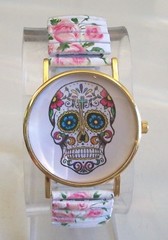 Multicolor SKULL Flower White Stretch Band Gold Finish Fashion Casual Watch