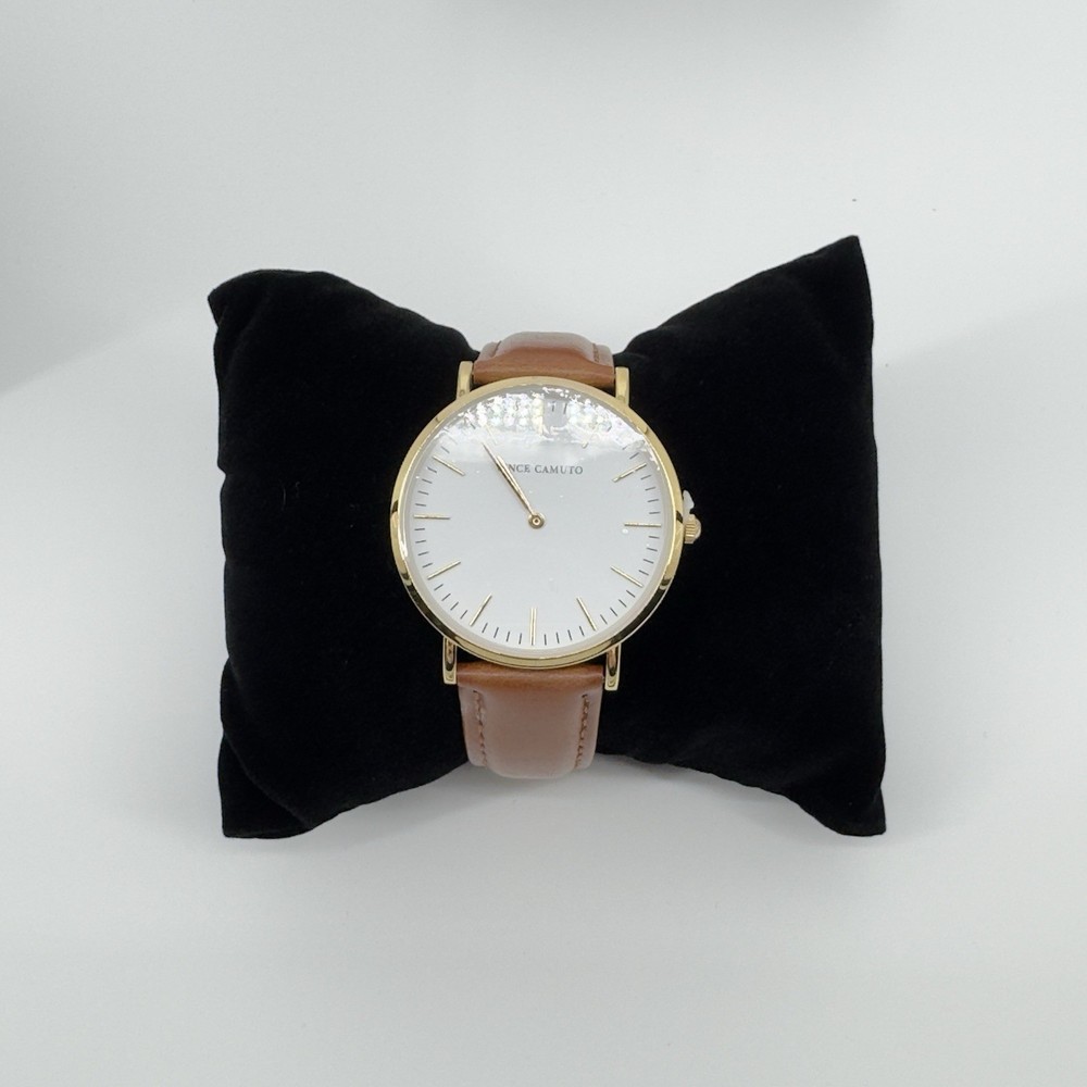Vince Camuto Men’s Watch VC2527M Gold Tone White Dial Brown Leather Classic New