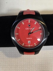 Croton Quartz Analog Watch 100m Date Red Dial Black Case Red Rubber Strap