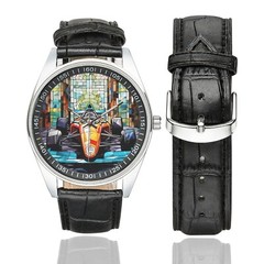 Stained Glass Formula One Car Watch with Black Leather Band For Adult