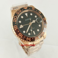 40mm PARNIS black dial Sapphire glass rose gold date GMT automatic watch 2704