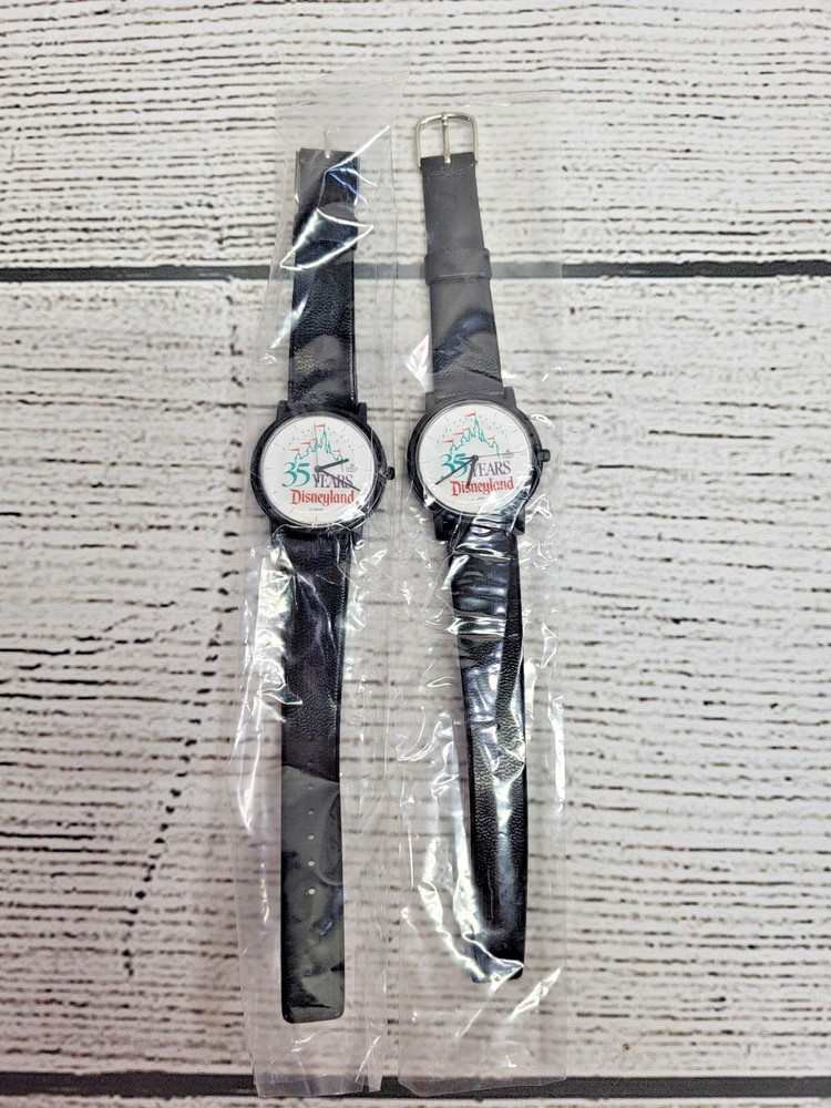 (2) Vintage Disneyland 35 Years Analog Wristwatch Leather Band Japan NEW NOS