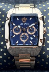 Vintage Versace Dominus Chrono Quartz Blue Dial Rose-Gold Plated Wristwatch.