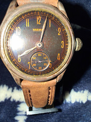 Vintage Harman Men’s wind Watch Sterling case Military Rose Gold & Black dial
