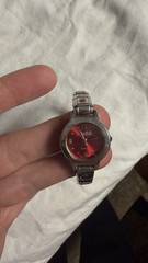 Mudd Ladies Quartz Watch Red Sunburst Dial Silver Tone Bracelet Y2K Vintage