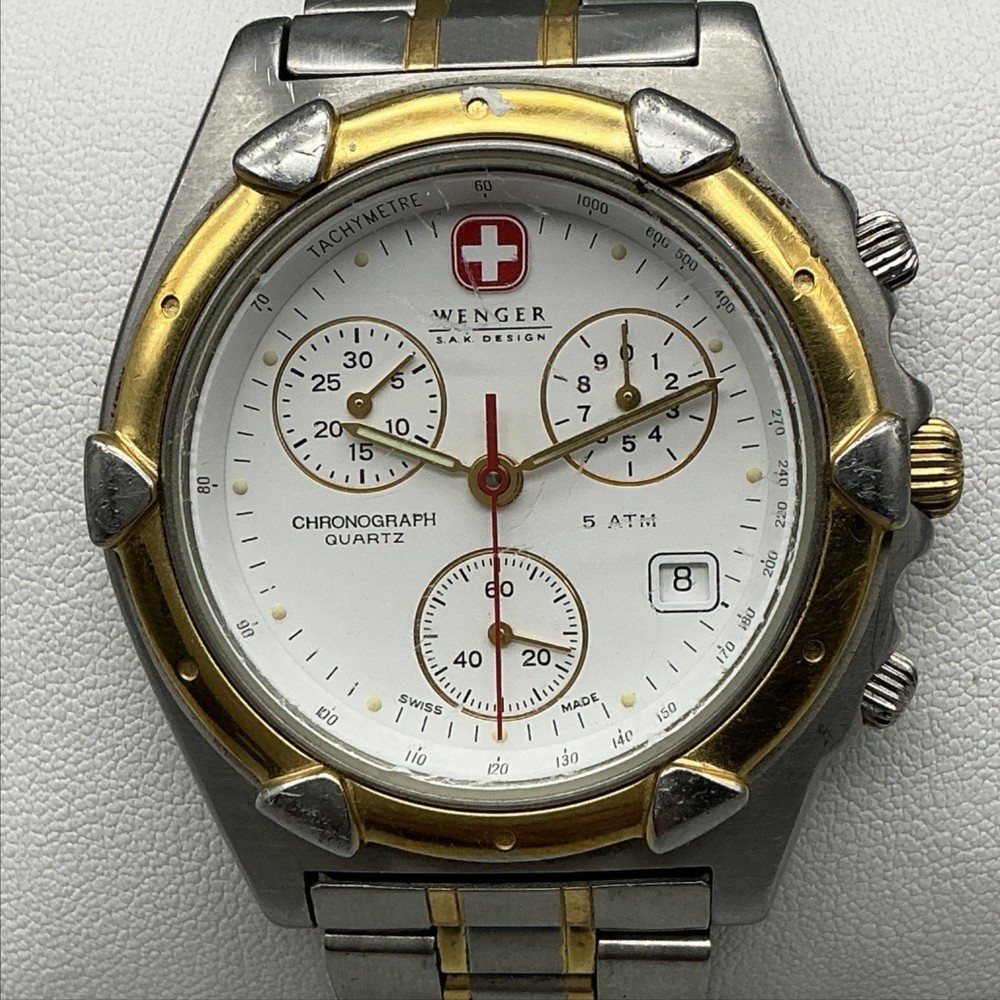 Vtg Wenger SAK Design Mens Watch 39mm Chronograph Date Two Tone New Battery 7″