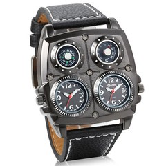 Military Army Dual Time Zones Movements Quartz Watch Black Leather Sports Mens