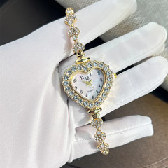 Fashion Heart Ribbon Diamond Studded Flower Women Watch Gold Bracelet