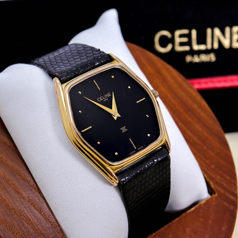 Celine Square Gold Black Quartz Wristwatch Japan Vintage Rare 078416
