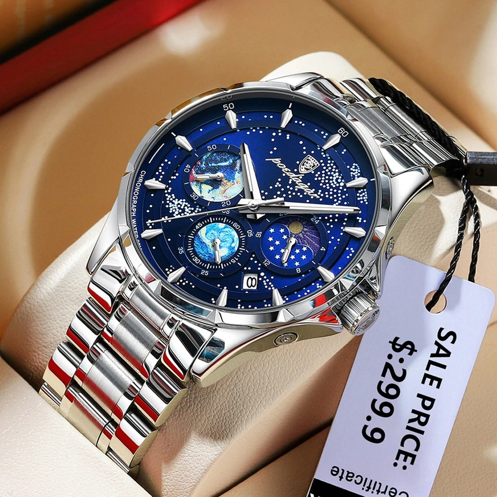 Waterproof Luminous POEDAGAR Luxury Men’s Watch Chronograph Stainless Men Strap