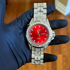 Techno Pavé No. 9161 Quartz Analog Red Dial Diamond Bezel Silver Bracelet