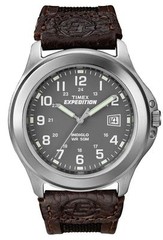 Timex T40091, Men’s “Expedition” Brown Leather/Nylon Watch, Indiglo, Date, NEW