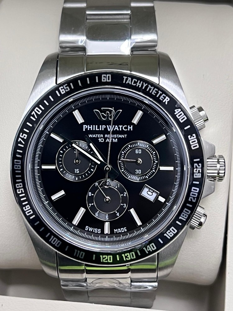 Philip Watch Caribe Men’s Watch Chronograph Black 42mm Steel New
